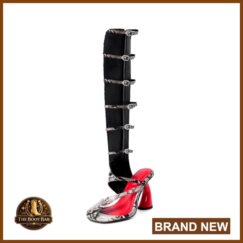 Square Toe Ankle Strap Crystal Snake Print Faux Leather Summer Boots